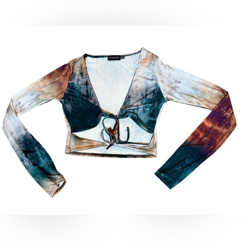 PrettyLittleThing Multicolor Artsy Tie Front Crop Top Sz 4 Y2K vibes